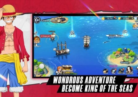 Feature image for our The Sea Road: Fate Assembly tier list. It shows the One Piece character Luffy stood with one hand on his straw hat next to a game screen showing two player ships marked 'Gabby' and 'Alan; on a sea map with several islands.