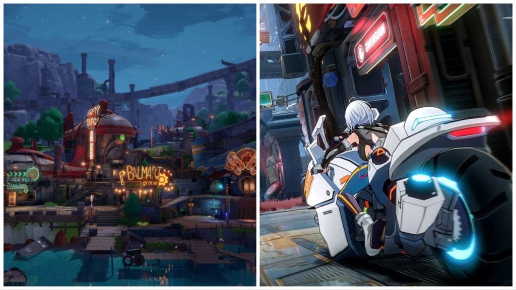feature image for our tower of fantasy revenue news, the image features a screenshot of an area from the game called port banges with a range of shops on a wooden dock with neon signs, with a mountain and metal pipes in the background, there is also a promo image of a character riding a motorbike past buildings