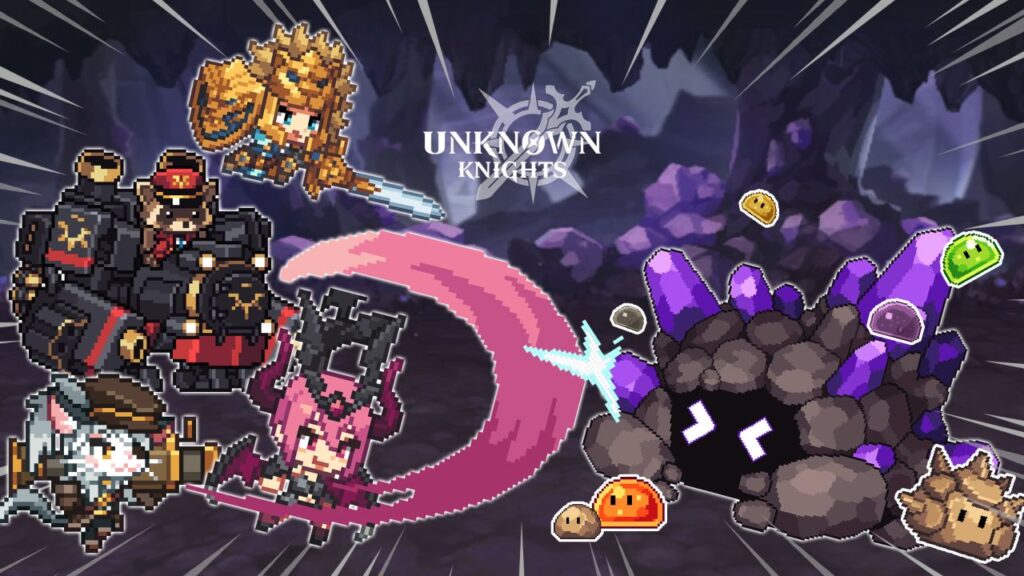 Feature image for our Unknown Knights news piece. It shows several pixel art characters fighting monsters that look like slimes with different colors and coating.