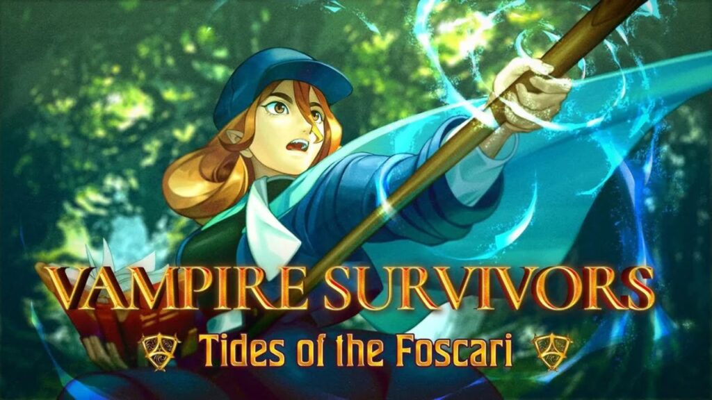 Feature image for our news piece on the second Vampire Survivors DLC. It shows a female character with light brown hair and eyes in a blue hat and coat, casting a spell with a book and stadd, she has slightly pointed canine teeth. There is a blurred forest in the background. Overlaid text reads: Vampire Survivors Tides of the Foscari.