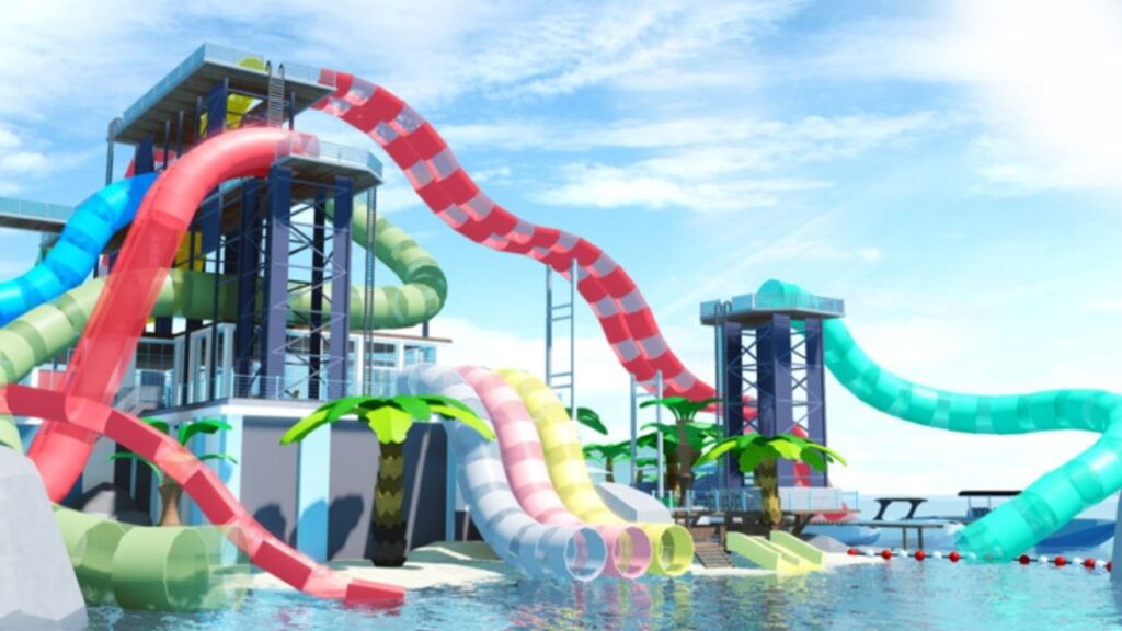Feature image for our Waterpark Tycoon codes guide. It shows a waterpark with many colorful tube slides.