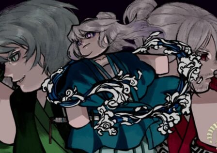 Feature image for our Wisteria 2 codes guide. It shows art of three white haired anime Roblox characters.