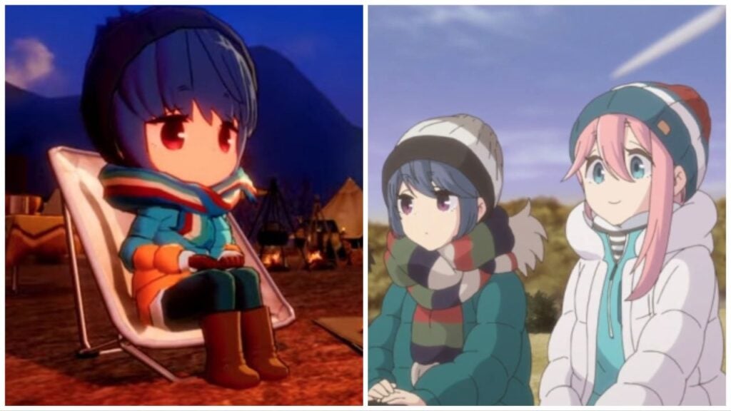 feature image for our yuru camp mobile game news, the image features a screenshot from the gameplay trailer of a small version of the character Rin as she sits on a chair by a fire at the campsite, there is also a screenshot from the official yuru camp anime of rin and nadeshiko as they sit next to each other while wearing hats and scarves outside