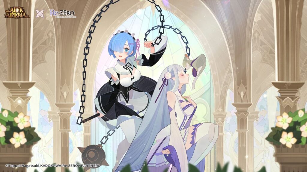 Feature image for our AFK Arena codes guide. it shows two female characters, one in a white dress, one in a maid outfit holding a morning star with a very long chain.