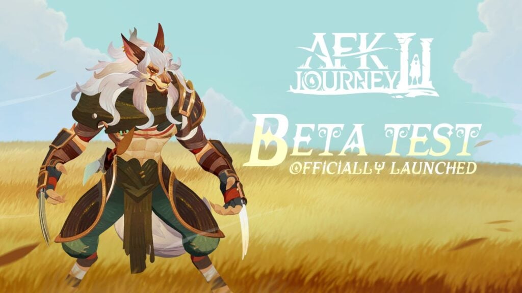 Feature image for our AFK Journey tier list. It shows a half-human half-canine in armor with claw weapons stood on a grassy plain.