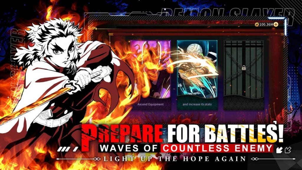 Feature image for our DS: Blade Of Hashira tier list. It shows a screen of an upgrade selection screen, with some promotional art of the character Rengoku in black and white.