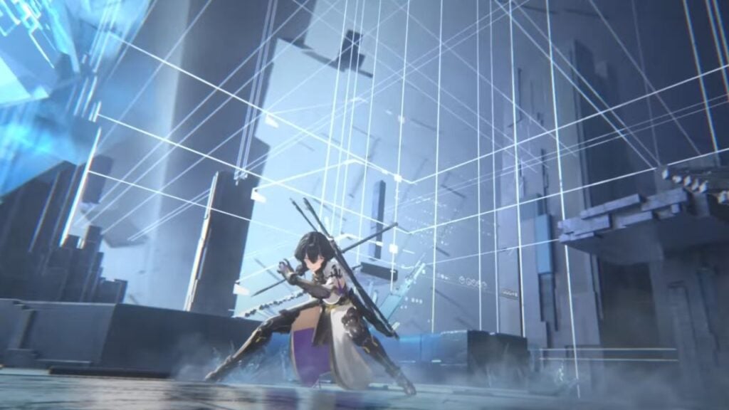 Feature image for our Aether Gazer news piece, which shows a screen from the release trailer. It shows a female character crouched with a sword ready, in a virtual world with geometric walls and lines of silver light.