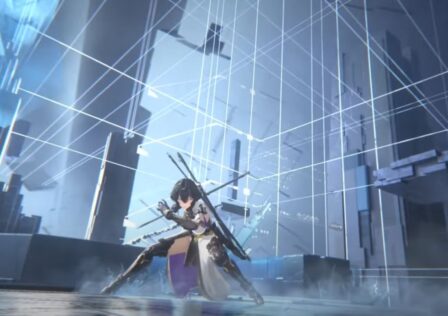 Feature image for our Aether Gazer news piece, which shows a screen from the release trailer. It shows a female character crouched with a sword ready, in a virtual world with geometric walls and lines of silver light.
