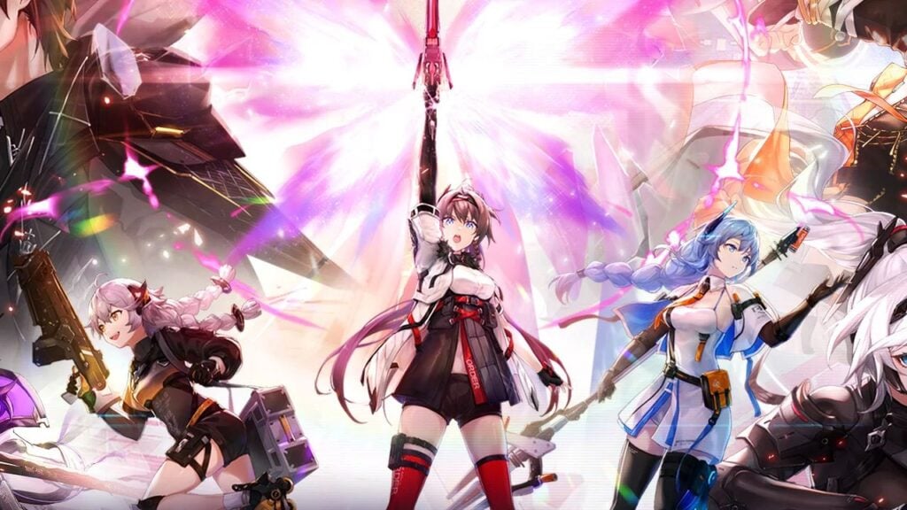 Feature image for our Aether Gazer codes guide. It shows three female anime characters, the center character holding a sword into the air.