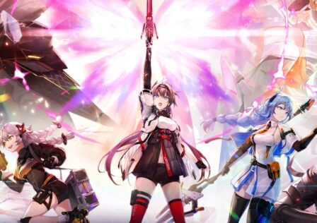 Feature image for our Aether Gazer codes guide. It shows three female anime characters, the center character holding a sword into the air.