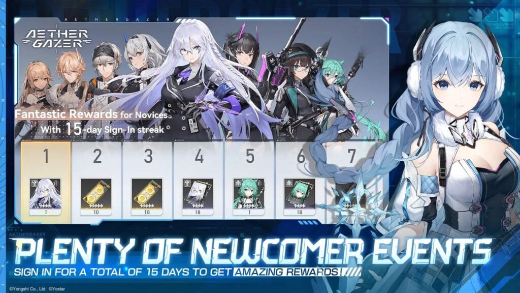 Feature image for our Aether Gazer tier list. It shows some promotional art of a female character with light blue hair, and an in-game rewards screen showing a character lineup.