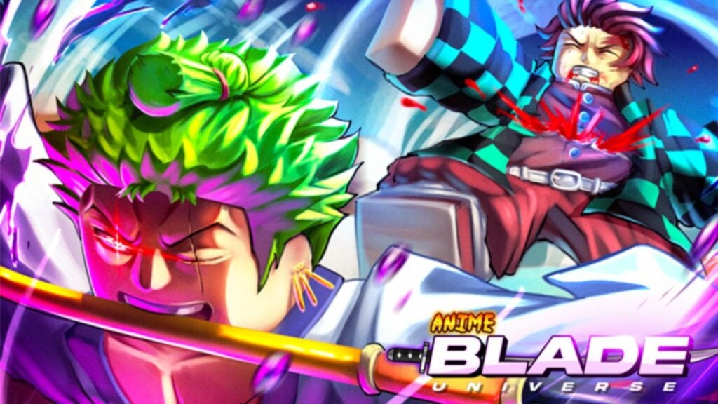 Feature image for our Anime Blade Universe codes guide. It shows Roblox versions of the character Tanjiro from Demon Slayer having hit chest cut badly by the character Zoro from One Piece.