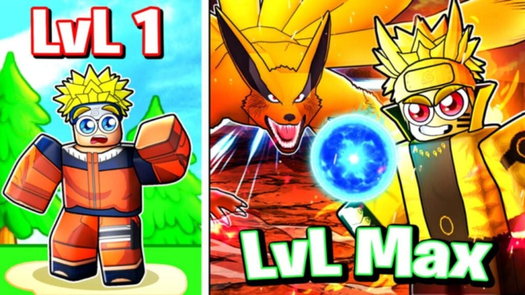Feature image for our Anime Gods Simulator codes guide. It shows two Roblox versions of the character Naruto, one looking nervous in an orange costume with 'Lvl 1' above his head. The other is dressed in gold clothes, is smiling, has red eyes, and has a demon fox stood behind him and an orb of magic in front of him. Belwo him is the text 'LvL Max'.