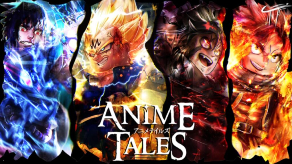 Feature image for oue Anime Tales codes guide. It shows art or Roblox versions of several anime characters.