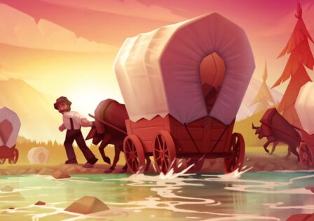 Feature image for our best Android game updates this week. It shows promotional art of a man smiling while he leads an ox-drawn wagon across a ford.