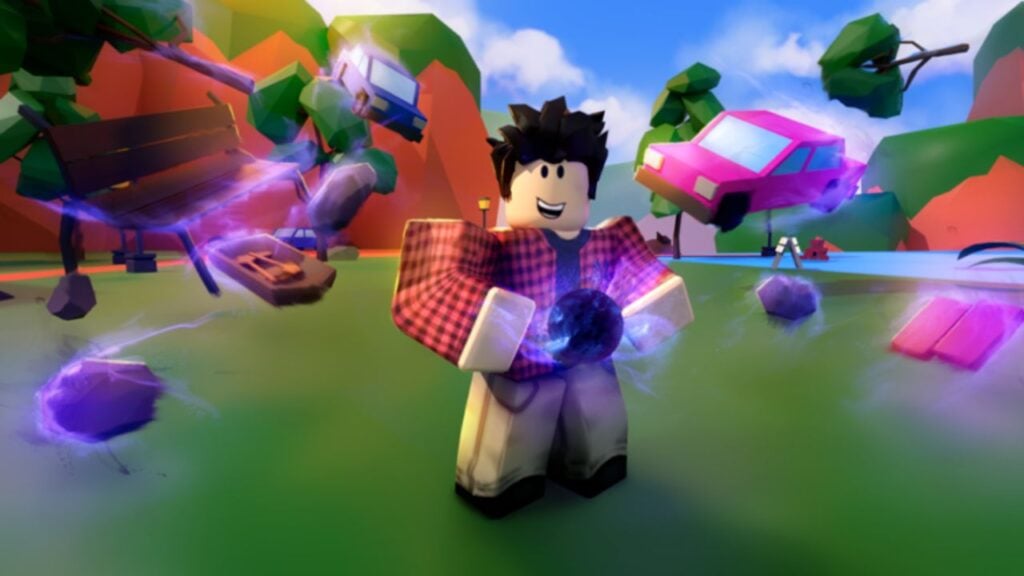Feature image for our Black Hole Simulator codes guide. It shows a Roblox character standing with a black hole in his hands, which is pulling objects toward him.