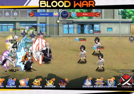 Feature image for our Bleach Blood War codes guide. It shows a battle screen with a group of characters facing identical enemies in a town battlefield,