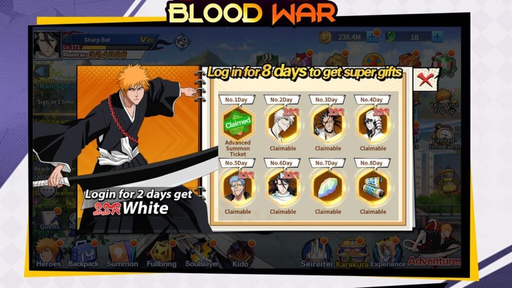 Feature image for our Bleach Blood War tier list. It shows an in-game reward screen, with several character portraits from Bleach showing the characters available as daily rewards.