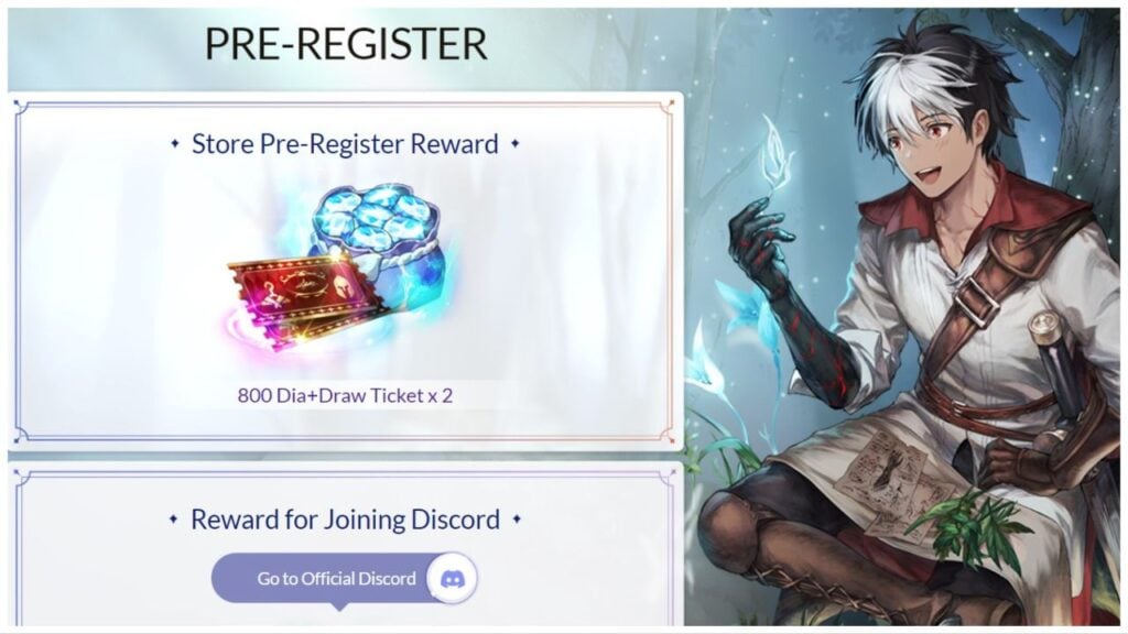feature image for our brown dust 2 launch news, the image features a screenshot of the website page for the pre-registration, as well as displaying some of the rewards that are on offer, there is also a drawing of an anime character sat by a tree in a forest as he holds a glowing leaf in his hand
