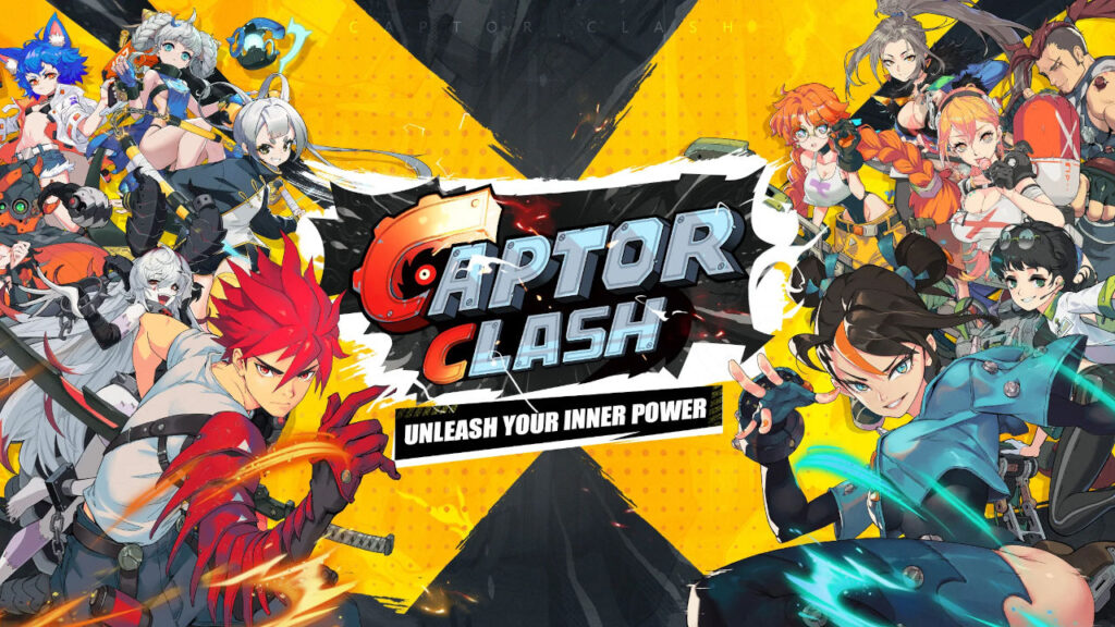 Captor Clash characters fighting behind the official logo.