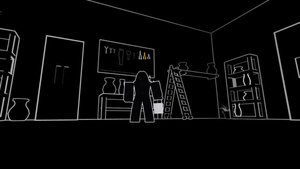 Feature image for our Color Or Die Secrets guide. It shows an in-game screen of a character stood in a strange room, the character and all the objects are black, outlined in white.