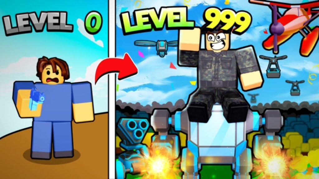 Feature image for our Commander Simulator codes guide. It ahows two Roblox characters, one stood with a small handgun looking worried, with 'Level 0' above his head. The other is sat on a mech, surrounded by other mechs and planes, with a smile on his face. Above his head says 'Level 999'.
