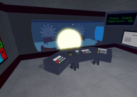 Feature image for our Crab Lab reactor code guide. It shows an in-game screen of the reactor core and control room, with a glowing sphere as the core.
