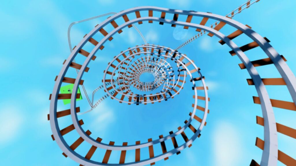 Feature image for our Create A Cart Ride codes guide. It shows a wood and metal track turning several loops away from the viewer.