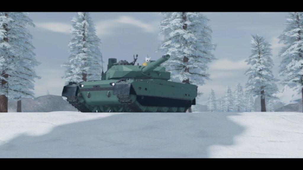 Feature image for our Cursed Tank Simulator codes guide. It shows a tank on a snowy field, with a cat head poking out of the top.