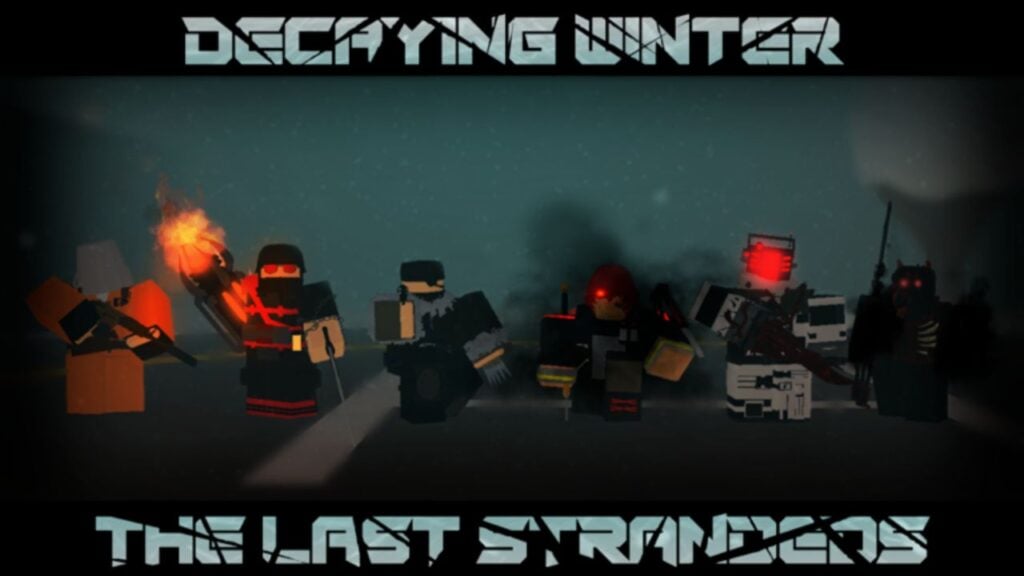 Feature image for our Decaying Winter perks tier list. It shows an in-game scene with a group of characters lined up in a foggy asphalt area. They have different equipment and weapons.