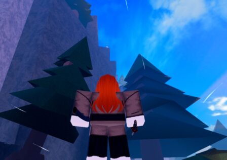 Feature image for our Demon Slayer Midnight Sun wind breathing guide. It shows an in-game screen of a red-haired player character looking up ward the Wind Trainer, who is stood on top of a cliff.