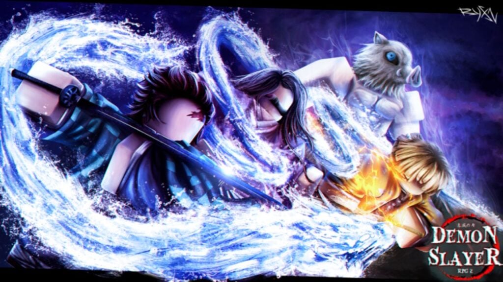Feature image for our Demon Slayer RPG 2 codes guide. It shows Roblox versions of several Demon Slayer characters along with water breathing.