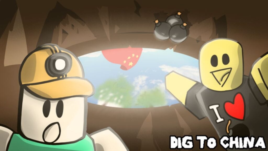 Feature image for our Dig To China codes guide. It shows two Roblox characters, one in a mining helmet in a tunnel pointing toward the exit, where there's a Chinese flag.