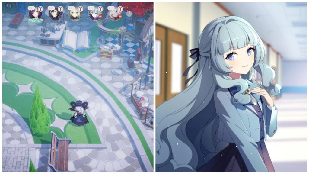 feature image for our eversoul interview, there is a promo drawing of a character from the game wearing a uniform while standing in a school corridor, she has her hand on her chest as she smiles, there is also a screenshot of the town feature in eversoul, with the camera focusing on lizelotte standing on grass next to a bench