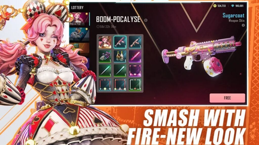 Feature image for our Farlight 84 tier list. It shows a pink-haired character in a playing-card themed dress outfit, next to an in-game weapon selection screen.