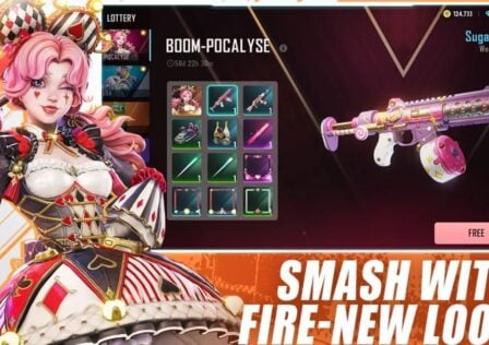 Feature image for our Farlight 84 tier list. It shows a pink-haired character in a playing-card themed dress outfit, next to an in-game weapon selection screen.