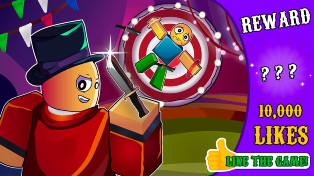 Feature image for our Frankie's Funhouse codes guide. It shows a Roblox character fastened to a wheel painted like a target, while another Roblox character stands in front of the wheel with a knife.