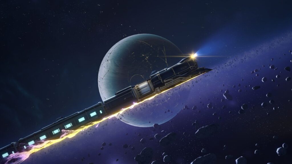 Feature image for our Honkai Star Rail 1.1 Livestream news. It shows a space ship resembling a train travelling across space, in front of a planet.