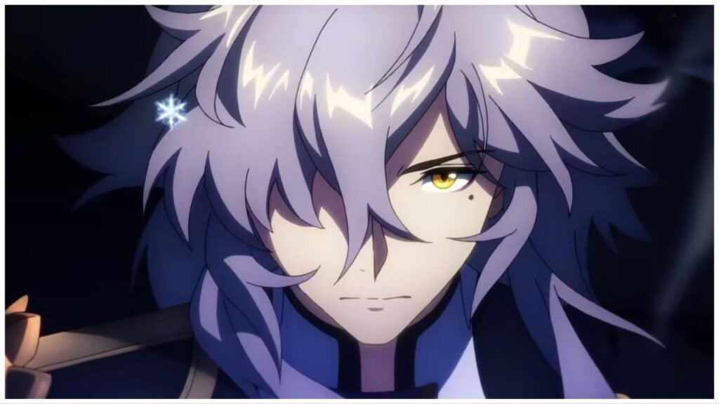 feature image for our honkai star rail animation news, the image features a screenshot from the animated short of the character jin yuang as he scowls while facing forward, there is a snowflake floating by his hair as his hair covers one of his eyes
