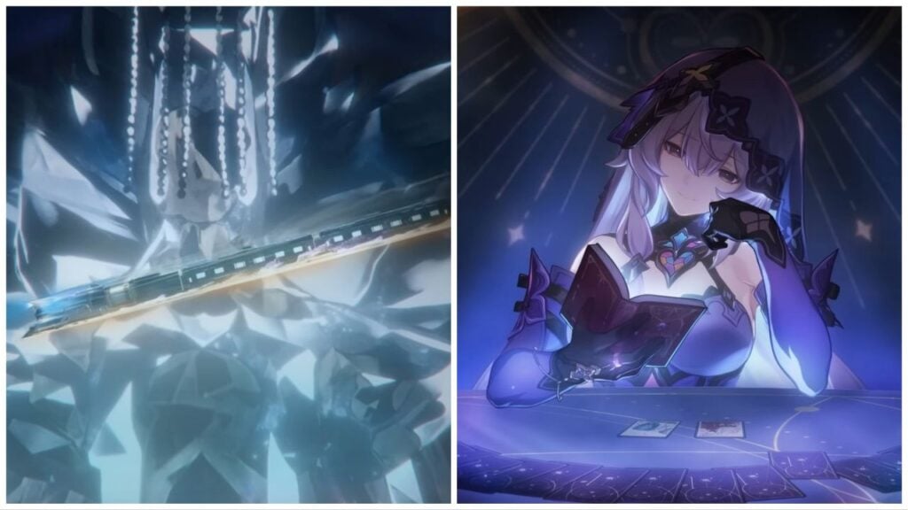 feature image for our honkai star rail myriad celestia trailer news, the image features two screenshots from the trailer, with one being of the astral express train flying through space in front of what looks to be a diamond structure, there is also a screenshot of who we assume is the narrator of the trailer as she sits at a table in front of a deck of cards, she is resting her head on her hand as she reads a book and smiles