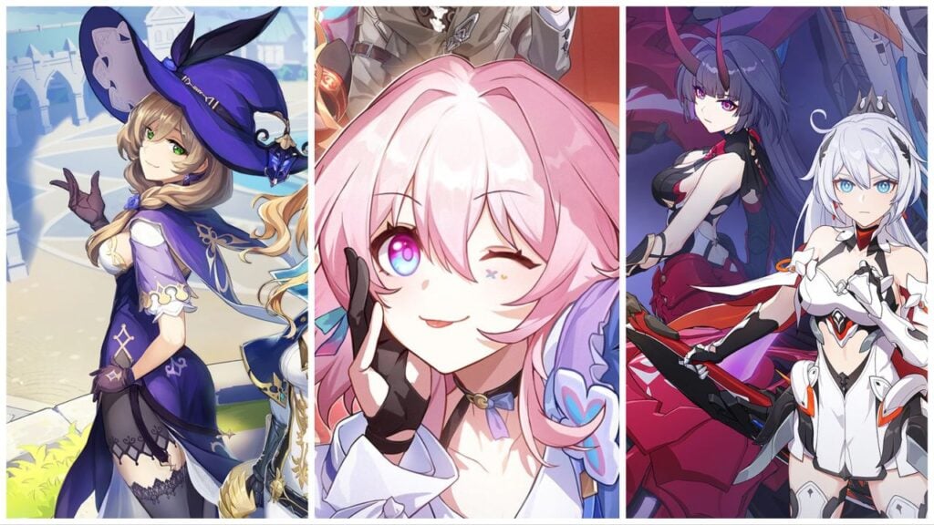 feature image for our hoyoverse global market domination news, the image features promo art for hoyoverse games such as genshin impact, honkai star rail, and honkai impact 3rd, lisa from genshin is there, march 7th is there as she sticks her tongue out and winks, as well as raiden mei and kiana from honkai impact 3rd