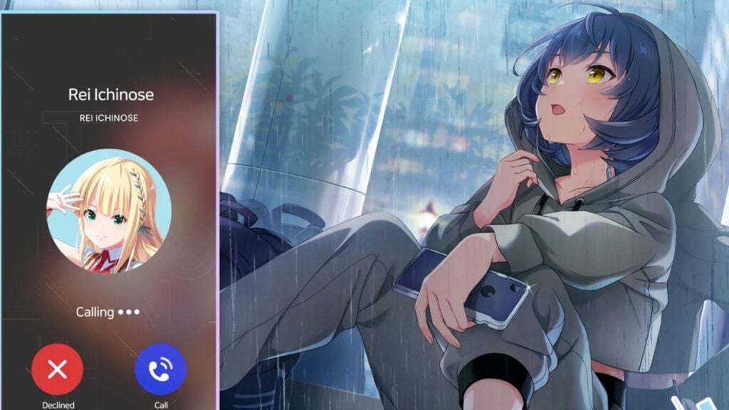 Feature image for our Idoly Pride tier list. It shows an anime-style art piece of a female character with blue hair in a hoodie and yoga pants sitting against a wall while it rains, holding a phone, with a phone screen taking up the other half of the image.