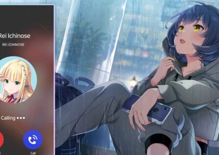 Feature image for our Idoly Pride tier list. It shows an anime-style art piece of a female character with blue hair in a hoodie and yoga pants sitting against a wall while it rains, holding a phone, with a phone screen taking up the other half of the image.