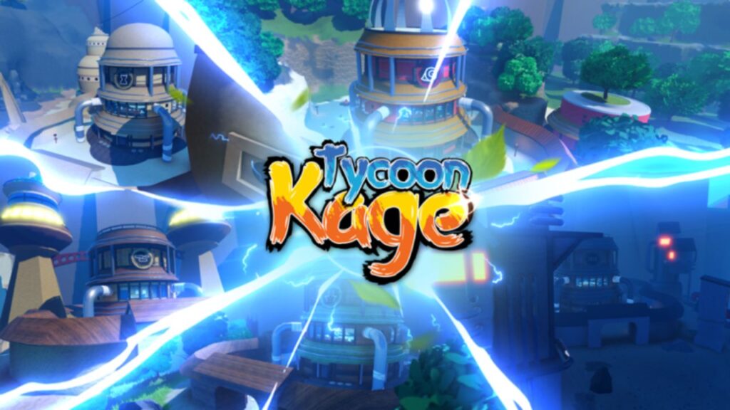 Feature image for our Kage Tycoon codes guide. It shows the game's name in text, with several different base types.