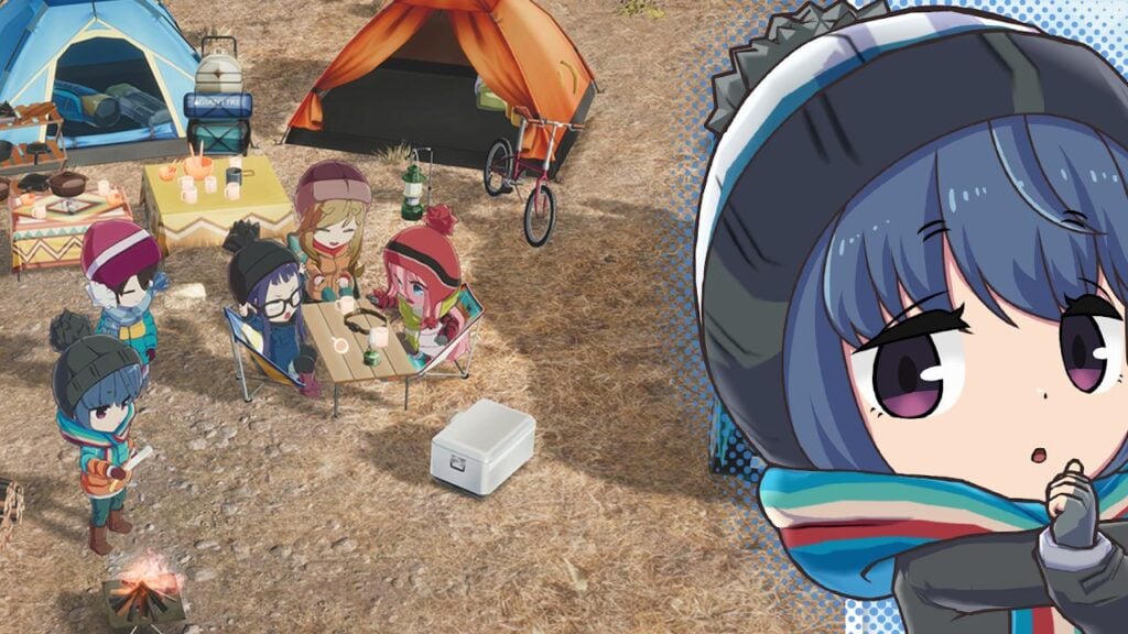 Feature image for our Laid Back Camp codes guide. It shows art of the character Nao over an in-game screen of the characters camping.