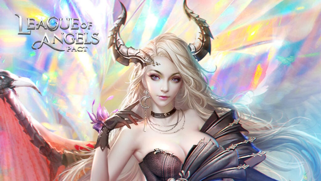 League of Angels character standing by the official logo.