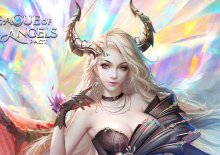 League of Angels character standing by the official logo.