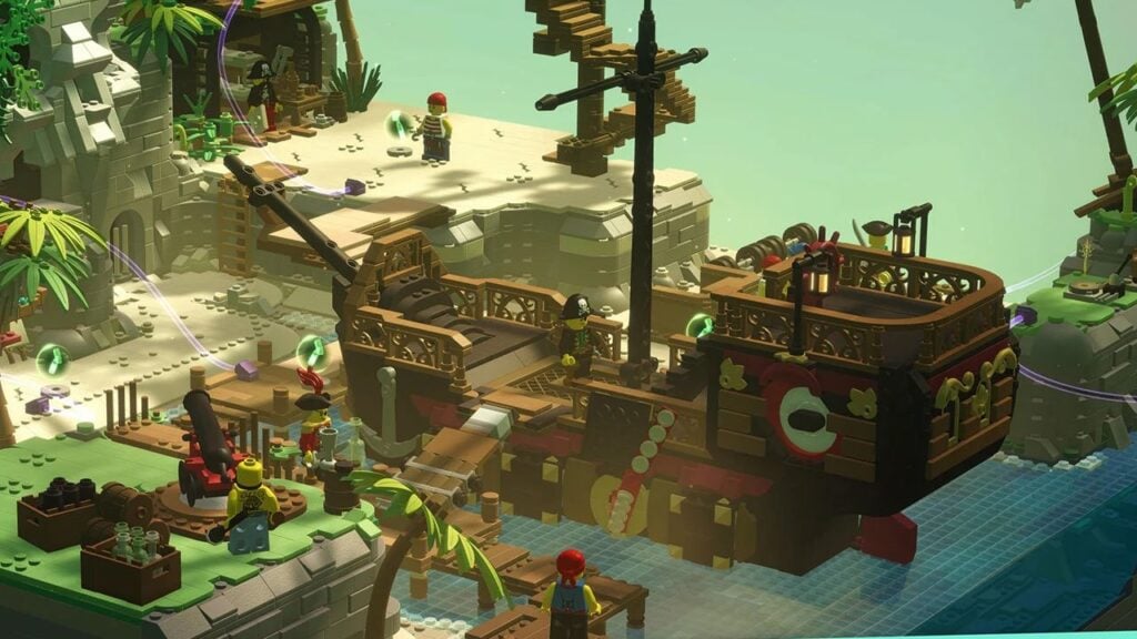 Feature image for our Lego Bricktales news piece. It shows an in-gamed screen of a pirate scene, with a ship tied up on shore with pirate figures stood round it.