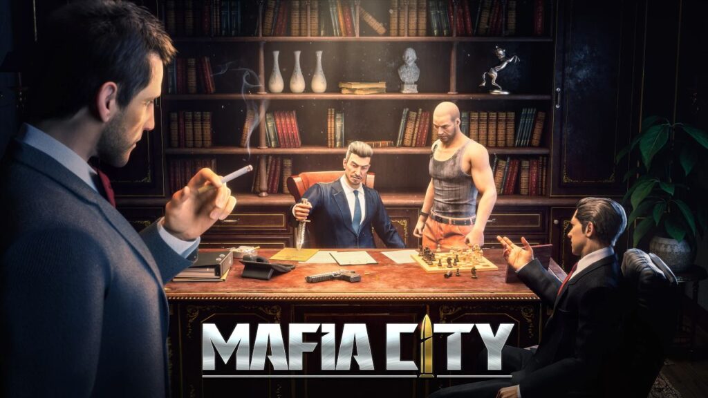 Feature image for our Mafia City codes guide, it shows several figured sat round a desk wearing suits, and one stood wearing the bottom half of prison clothes and a stained tank top.
