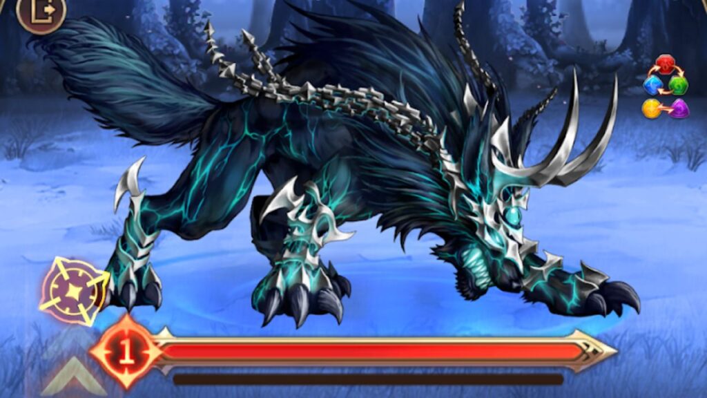 Feature image for our Magic Stone Knights codes guide. It shows a battle screen with a large wolf-like monster with an armored face and long metal antlers.
